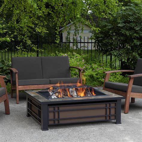 Real Flame Hamilton 44 in. x 13 in. Rectangle Steel and Slate Natural Wood-Burning Fire Pit in ...