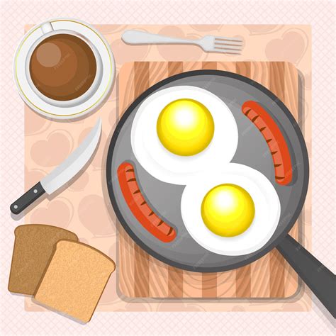 Premium Vector | Scrambled eggs with sausages in a skillet.Breakfast in the morning.