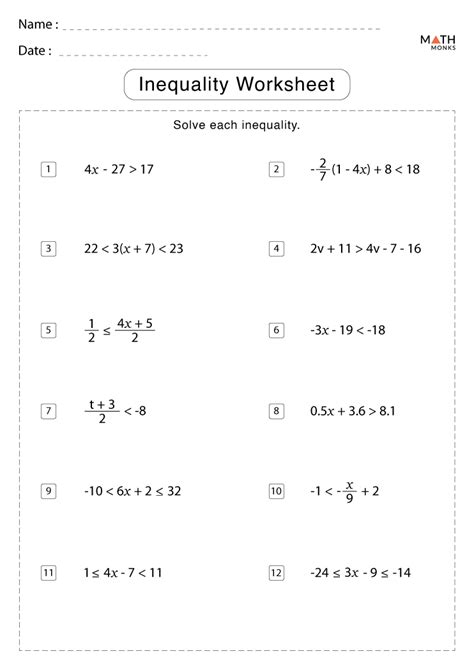 Inequality Math Worksheets