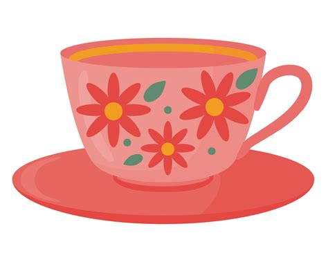 The cup and saucer are empty with a pattern of flowers and leaves. Color flat vector ...