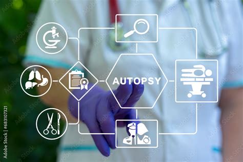 Pathologist using virtual touch screen presses word: AUTOPSY. Autopsy procedure after death in ...