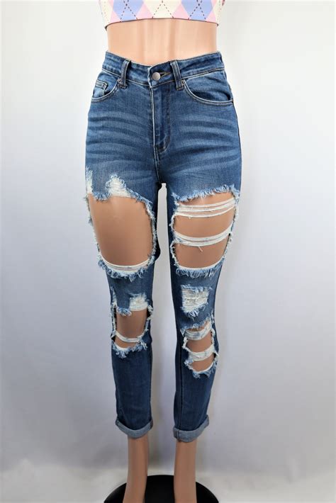 Landen Ripped Jeans - Blue high waist cuff distressed jeans