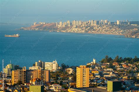 Elevated view of Vina del Mar coastal city seen from Mirador Pablo ...