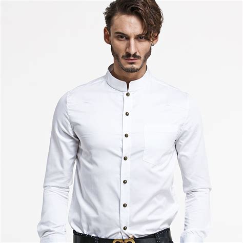 Modern Mandarin Collar Snap Button Shirt - White - Chinese Shirts & Blouses - Men Chinese ...