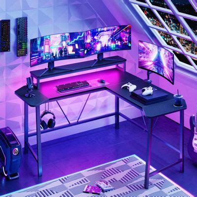 Inbox Zero 57" L Shaped Computer Desk, LED Gaming Desk with Monitor ...