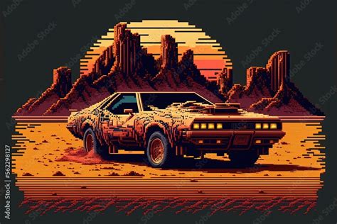 Pixel art old car, background in retro style for 8 bit game, Generative AI Stock Illustration ...