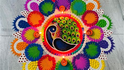 Peacock Rangoli Design 2020| Colourful Rangoli design | Mayil kolam ...