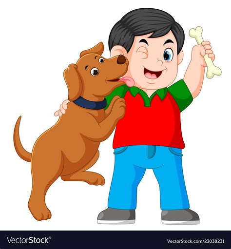 A boy holding bone with his dog Royalty Free Vector Image