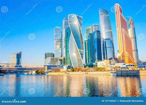 Modern Skyscrapers of Downtown Moscow and Reflections in the Moscow ...