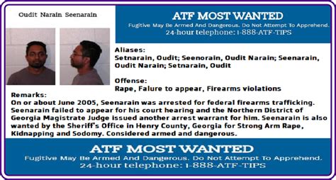 ATF Most Wanted Fugitive: Oudit Narain Seenarin