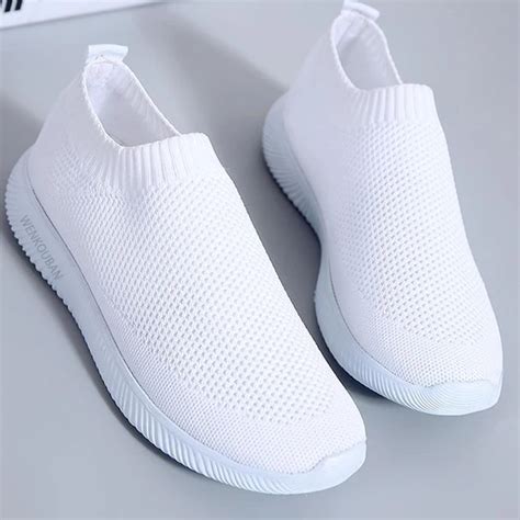 Women White Sneakers Female knitted Vulcanized Shoes Casual Slip On ...