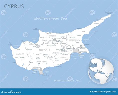 Blue-gray Detailed Map of Cyprus Administrative Divisions and Location on the Globe Stock ...