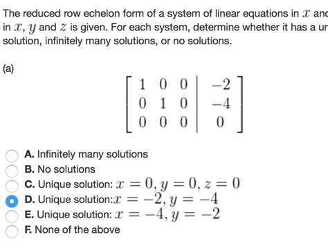 Solved The reduced row echelon form of a system of linear | Chegg.com