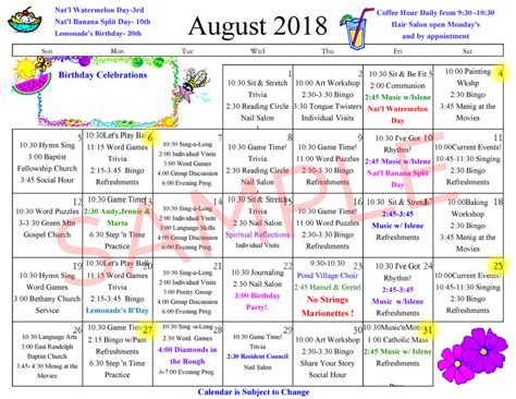 Free Activity Calendar Template For Seniors