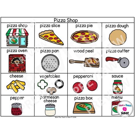 Kindergarten Writing Center Words- Picture/Vocabulary Card Theme: Pizza Shop | Made By Teachers