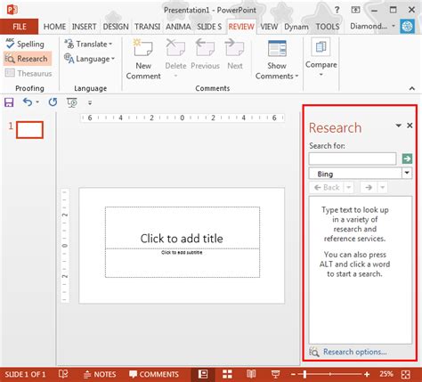 Research Tools in PowerPoint 2013 for Windows