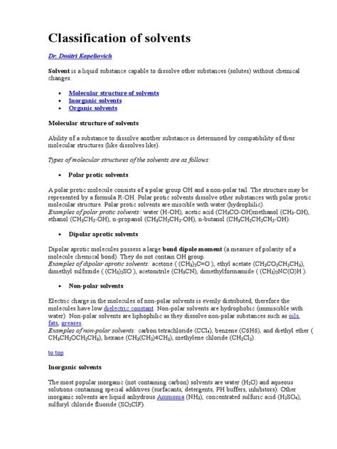 Classification of Solvents | Solvent | Chemical Polarity