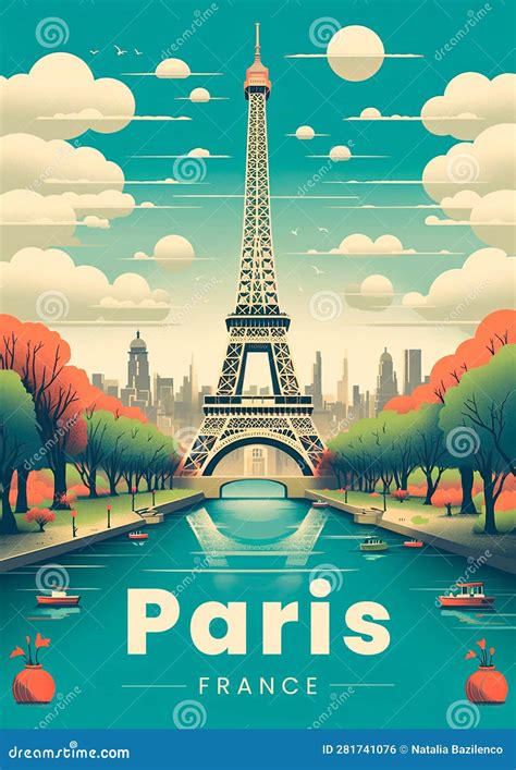 Paris, Eiffel Tower, and the Seine River. a Retro-style Poster with a Colorful Illustration of ...