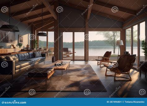 Modern lake house interior stock illustration. Illustration of lake ...