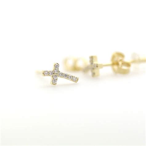 Diamond Cross Earrings, Cross Diamond Earrings, 14k Diamond Cross Earring, Dainty Earrings, Tiny ...