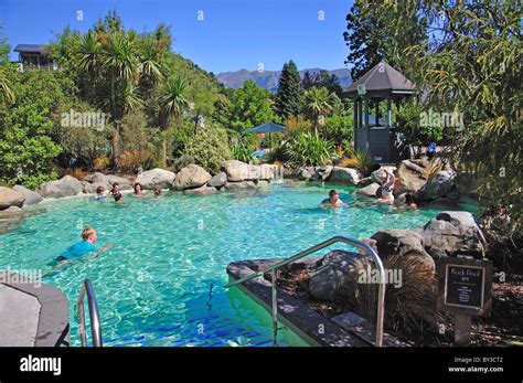 Hot rock pools at Hanmer Springs Thermal Pools & Spa, Hanmer Springs, Canterbury, South Island ...