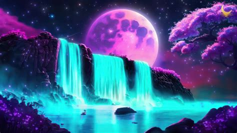 Waterfall Moon Night Cherry 4K #3271m Wallpaper PC Desktop