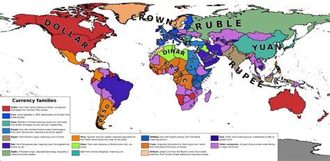 Currencies of the world, grouped by families, according to their names' meanings and origins [OC ...