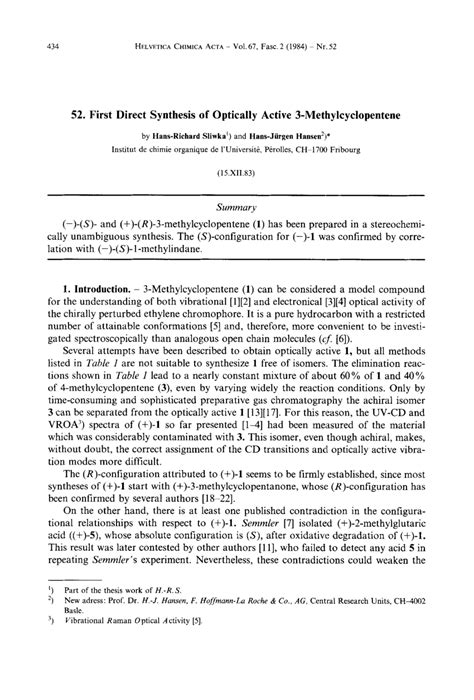 (PDF) First Direct Synthesis of Optically Active 3-Methylcyclopentene