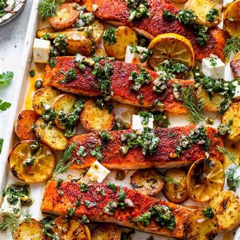 Sheet Pan Salmon and Potatoes with Caper Chimichurri - Dishing Out Health