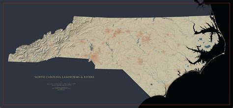 North Carolina - Landforms and Rivers Map | Landforms, Map print, Art ...