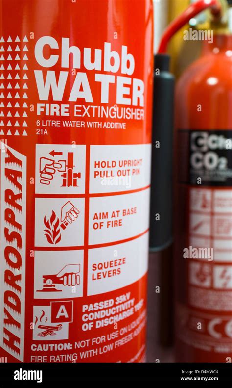 Two Chubb Fire extinguishers mounted on a wall, one water with Additive ...