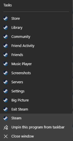 Pinning recently played games on Steam Icon in taskbar (Windows 10) : Steam