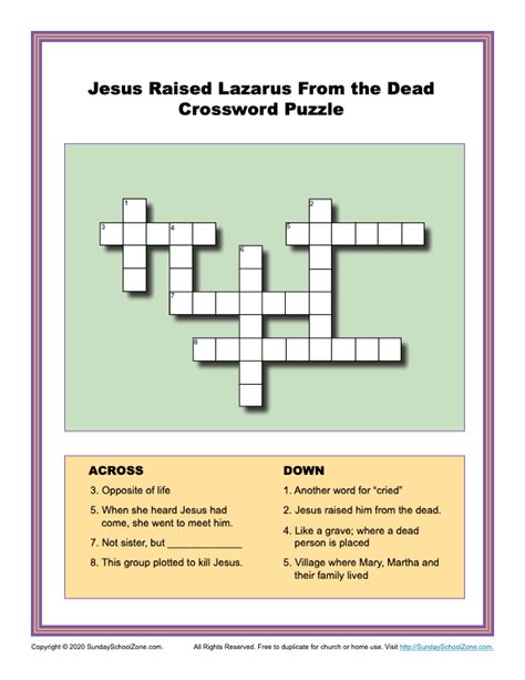 Jesus Raised Lazarus Crossword Puzzle on Sunday School Zone