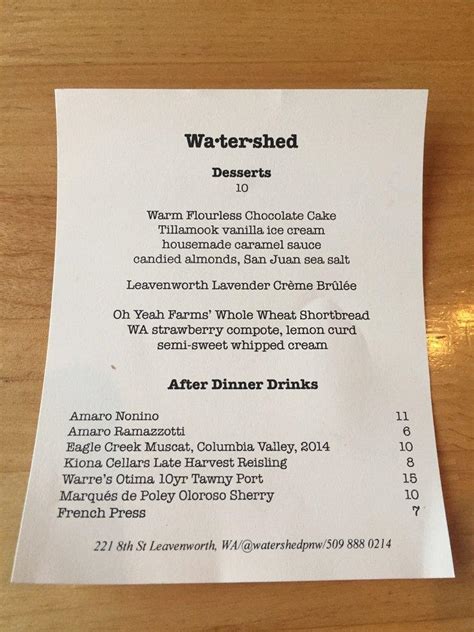 Menu at Watershed Cafe, Leavenworth