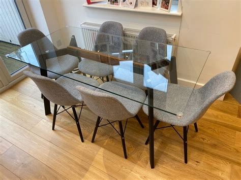 Glass dining table 6 seater rectangle Black and oak wooden Base with 6 chairs | in Golders Green ...