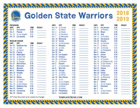 Printable 2018-2019 Golden State Warriors Schedule