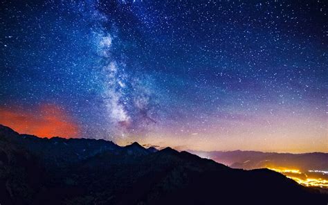 Silhouette of mountains under clear sky full of stars, landscape ...