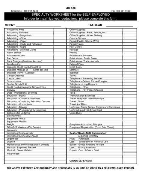 Self-Employed Tax Deductions Worksheet