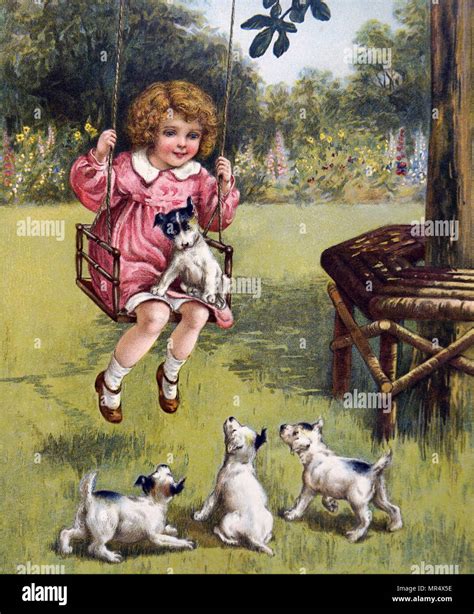 Painting depicting a young girl in her garden with her puppies. Dated 20th century Stock Photo ...