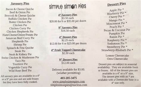 Simple Simon Pies Menu, Menu for Simple Simon Pies, Fairview, Calgary - Urbanspoon/Zomato