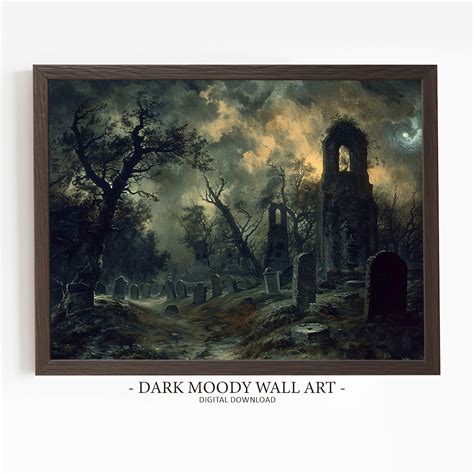 Gothic Graveyard Painting, Cemetery Print, Dark Moody Art, Halloween Decor, Printable Wall Art ...