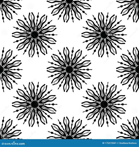 Doodle Hand Drawn Flowers Geometry.monochrome. Vector Seamless Minimalistic Pattern Stock ...