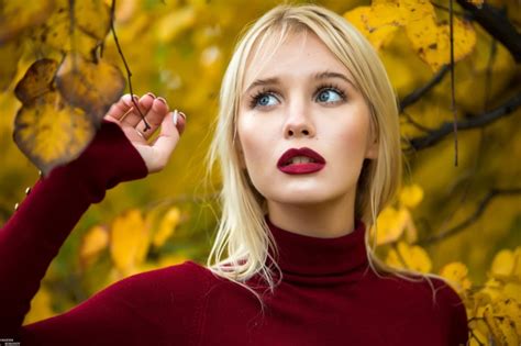 Kristina, red sweater, red lipstick, women, 500px, face, fall, Maksim Romanov, leaves, 1080P ...