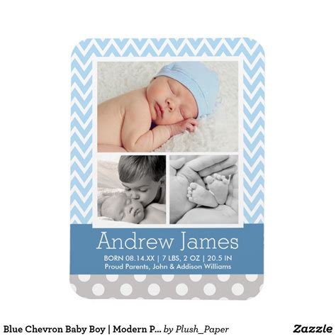 Modern Chevron Baby Boy Blue Grey Photo Birth Magnet | Zazzle.ca | Baby boy announcement, Baby ...