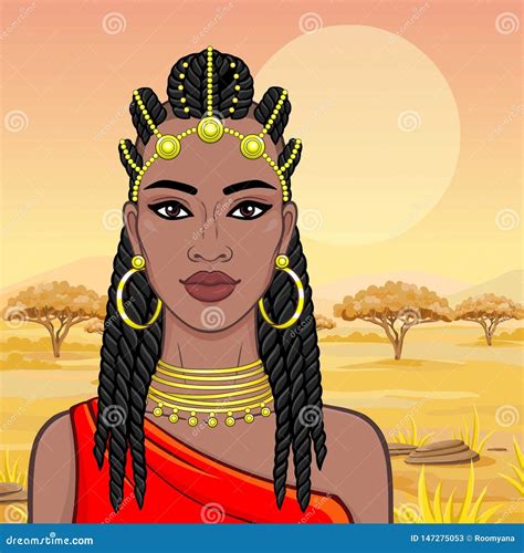Beaut? Africaine : Portrait D'animation De La Belle Femme De Couleur En Bijoux D'Afro-cheveux Et ...