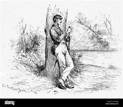 On the River Bank. Union Army picket line. 19th century American Civil War illustration by Edwin ...