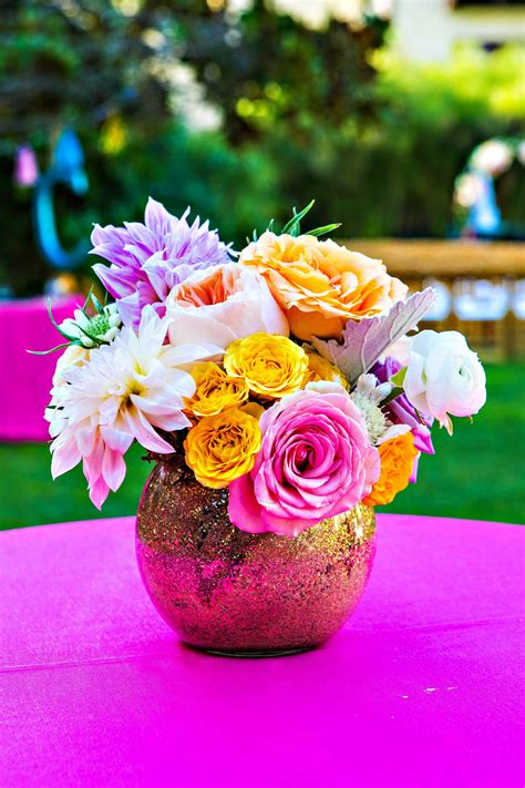 Colorful Flower Arrangement, Gold Vase