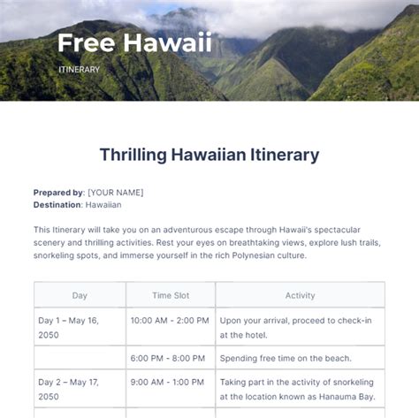 Free Hawaii Itinerary Template - Edit Online & Download | Template.net