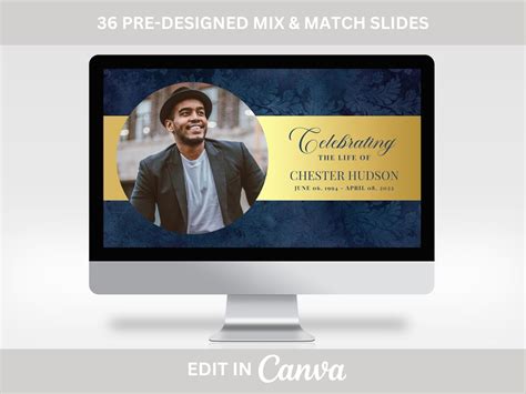 Funeral Slideshow TEMPLATE With Music, Blue and Gold, Celebration of ...