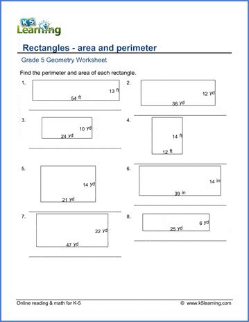 Area & perimeter of rectangles - Grade 5 geometry worksheets | K5 Learning